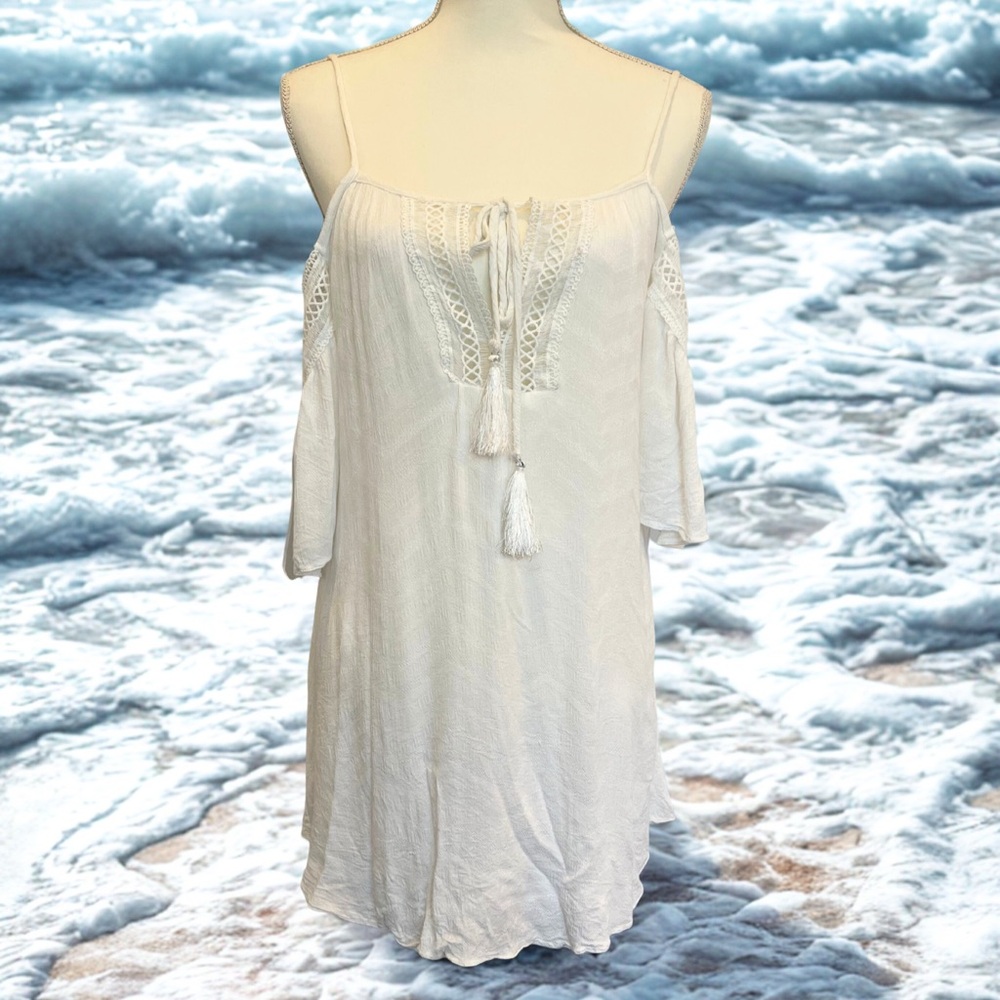 Bohemian White Off-Shoulder Mini Dress Swim Cover-Up Lace & Tassel Detail Small
